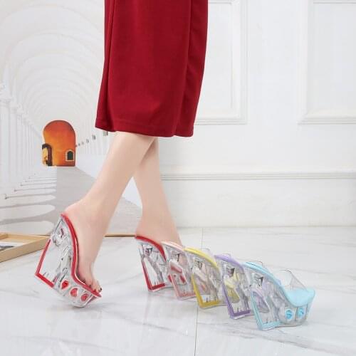 Crossdresser Crystal Slippers 14cm wedges Sandals Flowers Platform shoes woman Flowers Frauen Sandalias Para Mujer RED pumps