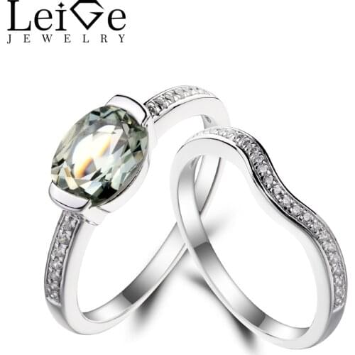 Leige Jewelry Genuine Natural Green Amethyst Ring Promise Ring Oval Cut Green Gemstone Solid 925 Sterling Silver for Women