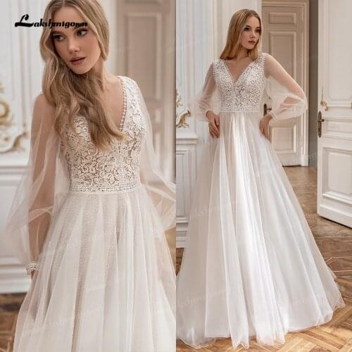 Vintage Long Sleeves Wedding Dresses Floor Length V-neck Appliques Elegant Lace Boho Bride Gowns Backless Tulle Custom Made
