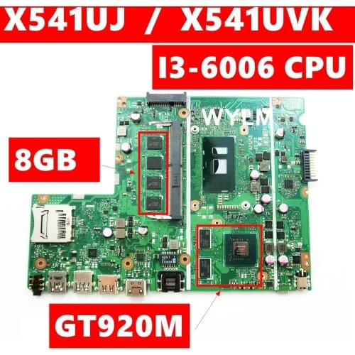 X541UJ i3-6006 CPU GT920M 2GB Onboard 8GB RAM DDR4L For ASUS X541UJ X541UVK Laptop Motherboard 100% Tested free shipping