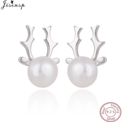 Jisensp Women 100% 925 Sterling Silver Earrings Tiny Cute Elk Stud Earrings Girls Kids Gift Pearl Deer Antlers Earrings Jewelry