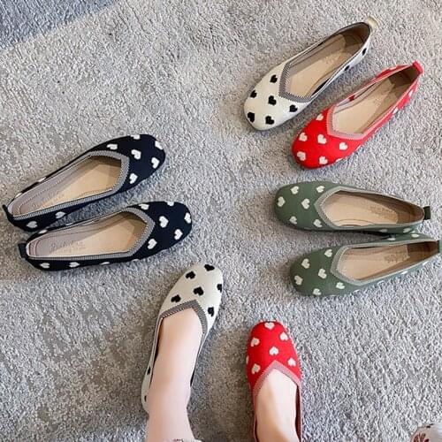 Women Flats Heart Knitting Slip on Flats Shoes Woman Loafers Dot Boat Shoes Breathable Comfortable Ladies Shoe 2021 Spring 8945N