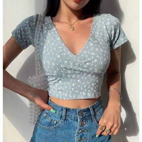 2021 Summer New Fashion V-Neck Floral Corset Womens Clothing Casual Vintage Short Sleeve Slim Femme Crop Top Camisetas De Mujer