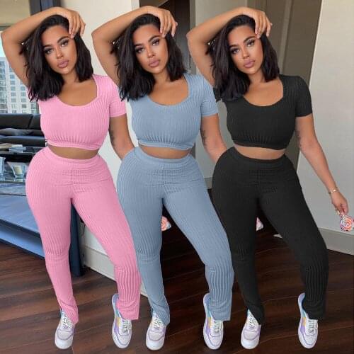Sportswear Fitness Solid Knitted Rib Tracksuit Women Casual O Neck Short Sleeve Crop Top + Slit Hem Flare Pants Two Piece Set