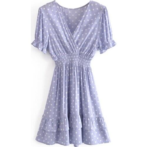 Sweet Polka Dot Printed Mini Dress Women V Neck Butterfly Short Sleeve A Line Dress Ladies Casual Elastic Waist Dress