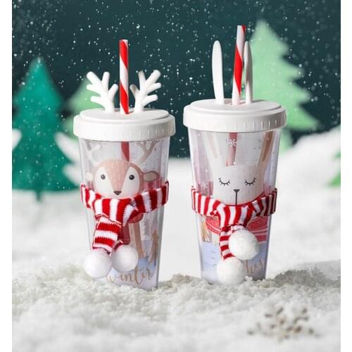 Personality and playful Christmas elk pattern mugs with straws juice cup milk tea cup Christmas gift for relatives and friends