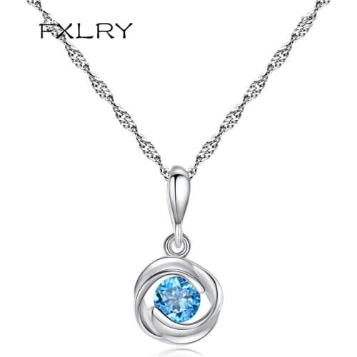 FXLRY New Design Silver color Trendy Blue Pendant Necklace for Women Simple Flower Shaped Silver Chain Necklace Jewelry