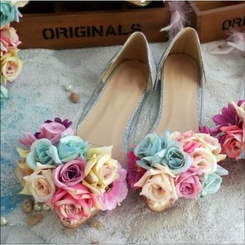 HAHAFLOWER Pink Flower Wedding Shoes High Heel Silver Slip-on Women Pumps Party Banquet Bride Bridesmaid Sandals Performance