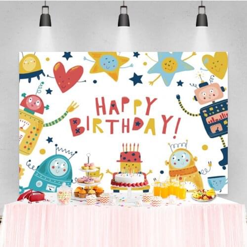 Laeacco Baby Cartoon Happy Birthday Party Robots Heart Baby Kid Portrait Photo Backdrops Photo Backgrounds Photozone Photophone