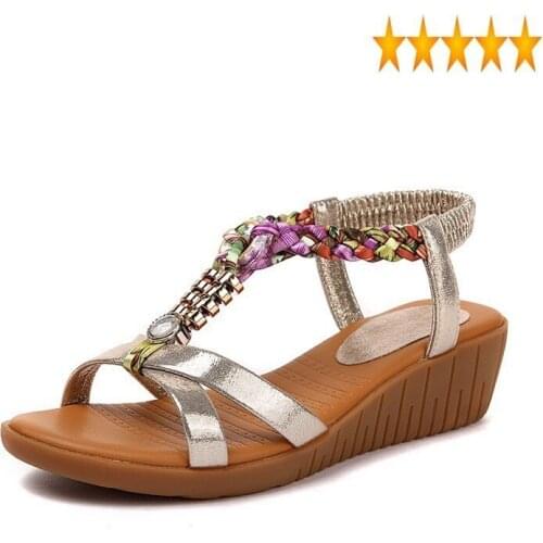 Summer Wedge Women 2021 Real Leather Shoes New Fashion Roman Sandales Female Weave Elastic Open Toe Boho Beach Sandals