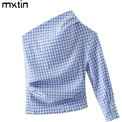 MXTIN 2021 Women Spring Fashion Asymmetry Plaid Shirt Blouses Vintage Folds Button Shirts Female Party Blouses Camisas Tops