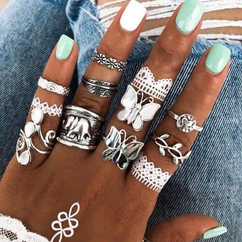 Doocna 14pcs/set Vintage Butterfly Knuckle Rings for Women Boho Insect Animal Elephant Ring Set Bohemian Finger Jewelry 14562