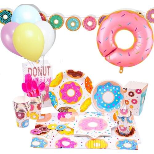 Donut Party Supplies Disposable Tableware Plate Cup Baby Shower Children Favour Birthday Decoration Donut Ice Cream Balloon