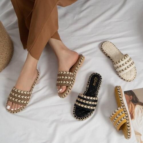 2021 Summer Ethnic Style Weave Women Slippers Flat Peep Toe Sandals Female Solid Casual Sandals Ladies Beach Slides slippers