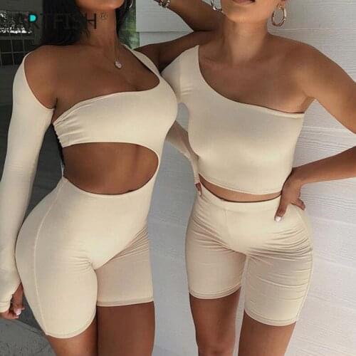 Solid Asymmetrical Two Piece Sets Women Tracksuit Crop Tops Elastic Bike Shorts Sporty Matching Suits Casual Female Outfit G2551