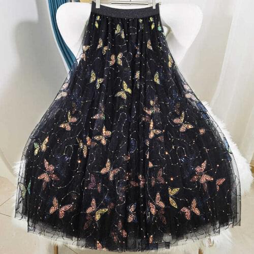 Butterfly Embroidered Black Women Skirts 2021 Summer New Long Mesh Tutu Pleated Skirt for Women Jupe Femme Faldas Saias Y906