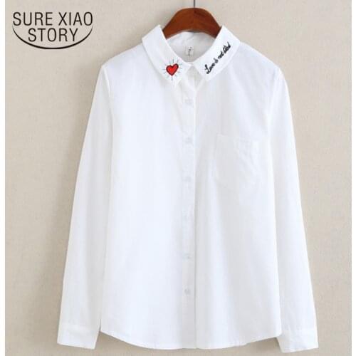 Long Sleeve Cotton Women Blouse 2021 White Shirt Autumn Shirt Women Bottoming Shirt Love Embroidered Blouse Ladies Tops 5598 50
