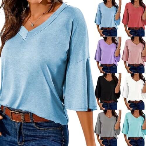 New Women Summer Autumn T Shirt Fashion Solid V-neck Ruffles Half Sleeve Tee Shirts Casual Office Tops Ladies Clothes Tshirts