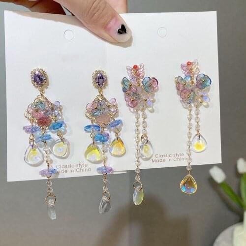 MENGJIQIAO Vintage Baroco Style Colorfur Cute Butterfly Drop Earrings For Women Girls Elegant Crystal Tassel Pendientes Jewelry