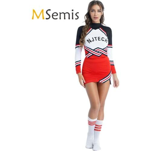 Womens Schoolgirl Cheerleader Cosplay Costume Striped T-shirt with Mini Skirt Bowknot Headwear Stocking Cheerleading Outfits
