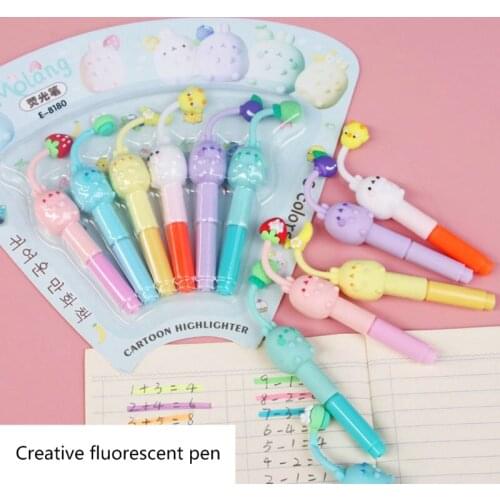 6pcs/set Cute Mini Highlighter Pen Kawaii Cartoon Bunny Fluorescent Marker Pens School Office Stationery Supplies