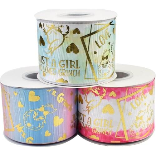 75mm Gold Foil LOVES GRINCH Grosgrain Ribbon For DIY Accessories 50yards Welcome Custom Printed