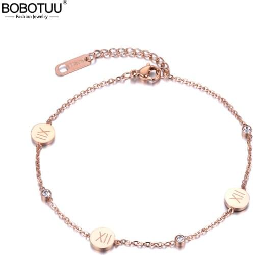 BOBOTUU Stainless Steel Bracelet Roman Numerals Rose Gold Color Link Chain Rhinestones Lovers Engagement Jewelry BB18177