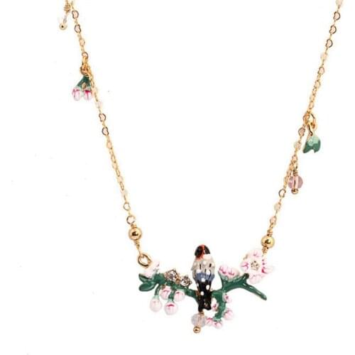 European and American New Fashion Personality Enamel Glaze Romantic Cherry Blossom Song Bird Pendant Necklace Clavicle Chain
