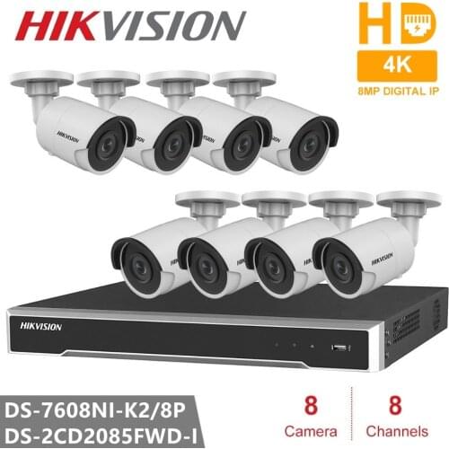 Hikvision CCTV Kits DS-7608NI-K2/8P 8CH 8 POE 4K NVR + 8pcs DS-2CD2085FWD-I 8MP H.265 Bullet IP Camera Security Camera POE