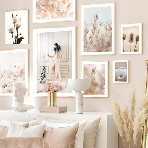 Woman And Dog Peony Flower Reed Beach Grass Conch Wall Art Print Canvas Painting Nordic Poster Decor Pictures For Living Room