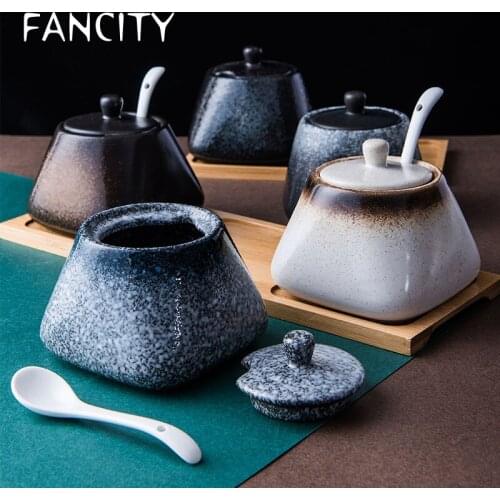 FANCITY Spice jar ceramic spice box household kitchen spice jar set chili jar combination salt monosodium glutamate condiment bo