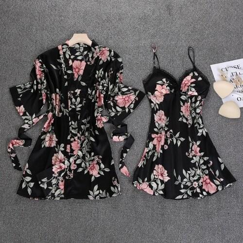 Black Spring NEW Womens 2pcs Robe Suit Sleepwear Casual Home Wear Pajamas Sexy Strap Nightwear Sleep Kimono Bath Gown Sets