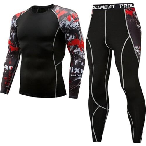New Mens Suit 2 Piece T Shirt Sportswear Men Long Sleeve MMA Fitness T-Shirt+Pants Tights Fitness Sports Base Compression Set