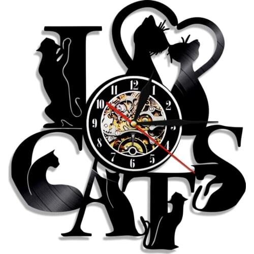 Cats Vinyl Record Wall Clock Kitty Kitten Retro Clock Black Cute Cats 3D Hanging Watches For Pet Shop Decor Pussy Lover Gifts