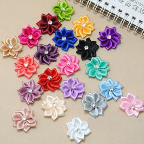 Wholesale 100Pcs/Lot Hand Made DIA 2.6Cm Ribbon Rose With Crystal Wedding Artificial Flower Decoration DIY Accessoires