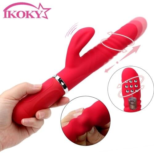 IKOKY Telescopic 360 Degrees Rotation Rabbit Vibrator G-spot Massage Sex Toys for Woman Dildo Vibrator Transfer Beads AV Wand