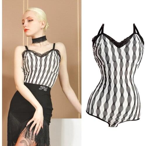 Latin Dance Tops Lace Suspender Leotards Adult Dance Practice Wear Ballroom Samba Salsa Dancing Clothes Women Mesh Tops VDB3474