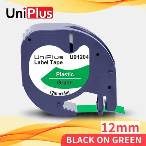UniPlus 91204 91334 91224 Printer Ribbon 12mm Compatible DYMO LT Label Tapes Plastic Black on Green Sticker for Letratag QX-50