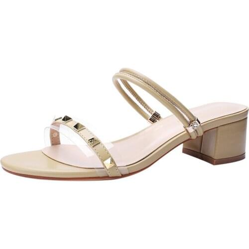 Women Sandal Fashion Shoes PU 4.5CM Thick High Heels Round Toe Rivet Shallow sandalias mujer 2020 women shoes size 35-42 blue