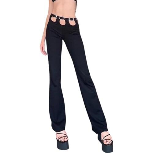Women Low Waist Pants Adults Summer Sexy Hollow Out Solid Color Trousers (Black)