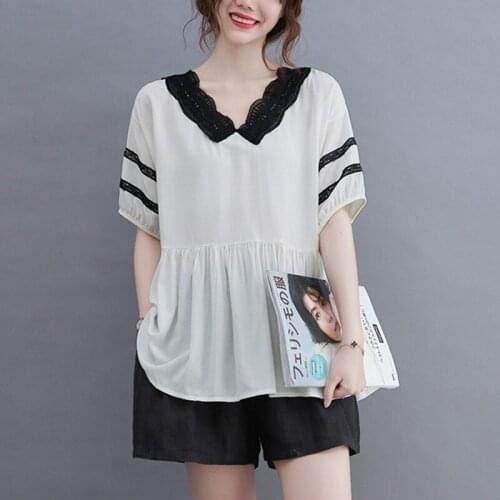 Women Summer Cotton Casual T-shirts New 2021 Simple Style Lace V-neck Loose Comfortable Female Short Sleeve Tops Tees B185