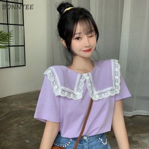 Women T-shirts Solid Turn-down Collar Lace Kawaii Harajuku Elegant Korean Style Loose Designer Streetwear Student Females Summer