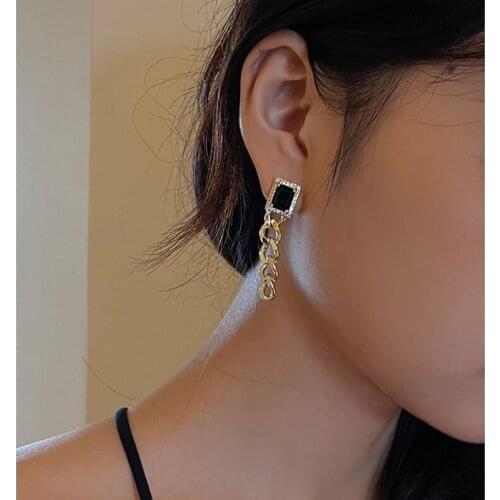 Woman Earring Black Metal Square Sparkly Zircon Thick Chain Earrings Women Vintage Trendy Gothic Punk Jewelry Accessories
