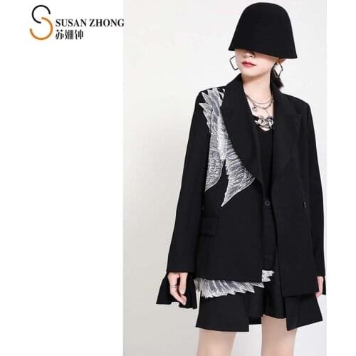 Women Blazer Female Jacket Lady Coat Japanese Style Designer Autumn Spring Shawl Collar Angel Wing Print Pockets Slim Button