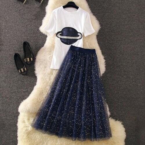 2021 New Summer Womens Two Piece Set Short Sleeve Sequined Planet T-shirt + Elastic Waist Mesh Skirt Set Ladies Skirt Suits