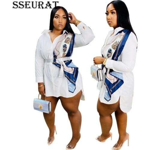 SSEURAT Women Long Sleeve Patchwork Shirt Mini dress Loose Turn Down Collar Printed Button Up Casual Fall Casual Street Wear Ne