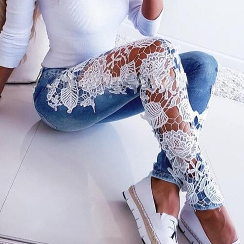 2021 Autumn Women Elegant Sexy Denim Pencil Skinny Jeans Female Fashion Plus Size 3XL XXXL Lace Floral Crochet Hollow-Out Jeans