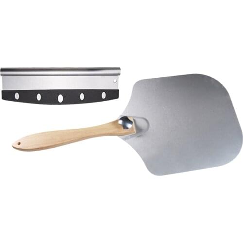 Aluminum Alloy Pizza Peel Cutter Kit Spatula Cake Lifter Paddle Shovel with Wooden Handle for Home, Restaurant, Bakery