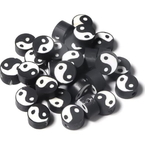 40Pcs/Lot Tai Chi Soft Pottery Ceramic 9mm Beads Black White Color Handmade Flat Spacer For Jewelry Making Diy Bracelet Necklace