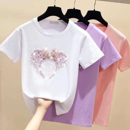 GGRIGHT Funny Bead Loose Printed Bow Tshirts Women Summer Cotton T-shirt Women 2020 Casual Knitted Tops Femme Pink White Tees